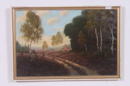 Kunningham. A 20th century oil on canvas painting of lavender fields, cottage and woods set within