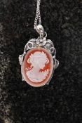 A Victorian style white metal 925 silver set cameo necklace.  Weight 12.7 grams