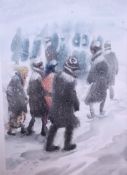 A watercolour painting of people emigrat