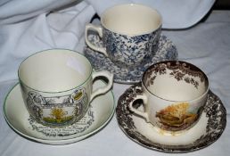 Three large cups with saucers of countryside theme