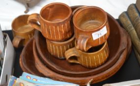 Brown china trays and bowls with six cups