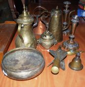 A selection of brass items including jugs