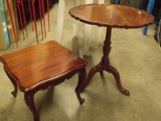 Square side / coffee table on cabriole legs and a single pedestal table with pie crust edge