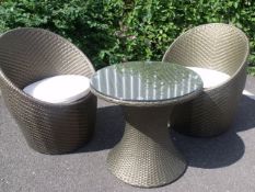 Brand New His & Hers 3 piece gold and brown flat weave all weather rattan patio set