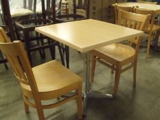 2 x solid wood beech chairs
1 x brand new beech werzalit table top and single pedestal base