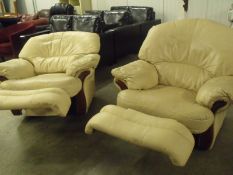 2 x large cream leather reclining armchairs