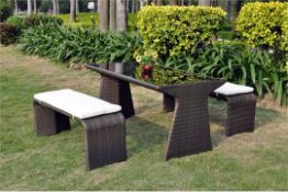 Brown All Weather Rattan Garden Dining Bench Set with Cushions