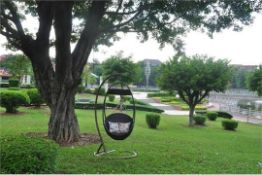 Suspended Bronze Frame Black Garden All Weather Rattan Swing Seat with Cushion