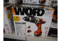 Worx 18V Cordless drill driver + 2 batts & fast battery charger + carry case and tool bit set -