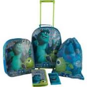 12 x Monsters University 5 Piece luggage sets. Each set includes: pull along case, gym bag, back