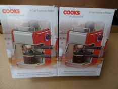 2 x Cooks professional 4 cup espresso makers. High retail value! Unchecked/Untested boxed customer