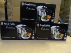 3 x Russell Hobbs Distinctions 7 liter Pressure cookers. Easy open/Close lid, Pressure ready