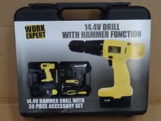 2 x Work Expert 14.4V Drill with Hammer function. Comes with 39 Piece Accesory set(pliers, screw