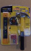 17 x Tool tech 48 piece picture hanging sets. Includes: Claw hammer, Tape measure, torpedo level.