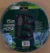 5 x Garden Kraft 15m Garden Hose set. Includes 4  nozzles and 15m 3 layer reinforced PVC hose.