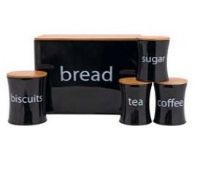 6 x 5 Piece Bamboo Lid Kitchen Storage sets.(BLACK) Each set contains: 1 x bread bin, 1 x Tea jar, 1