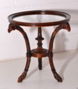 NEW Ram's Head Carved solid mahogany round table with glass top. Dimensions: H70 x W68cm approx. A