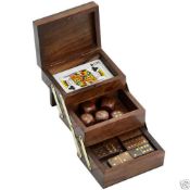 10 x Wooden Games Compendium, Cards, Dice, Dominoes, Brass Inlay New, boxed perfect stock A well