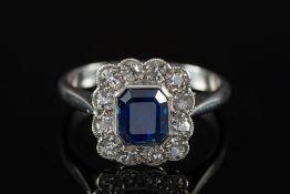 A platinum, sapphire and diamond rectang