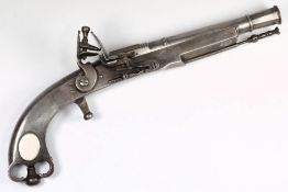 A reproduction steel flintlock pistol in