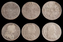 Three Charles II crowns: first bust 1662