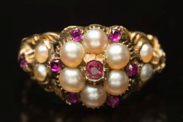 An antique gold, ruby and seed-pearl cir