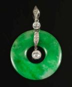 A jade and diamond pendant:, the green j
