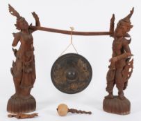 A Burmese carved hardwood gong stand: th
