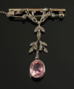 A pink tourmaline and diamond pendant br