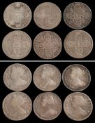 Six Queen Anne half crowns: 1703, 1707,