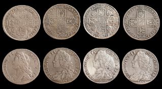 Four George II half crowns: 1732, 1743,