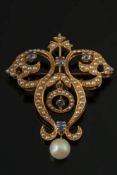 A 14ct gold, sapphire and seed pearl bro