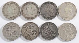 Four Victorian crowns: 1898, 1898, 1899,