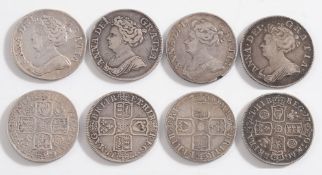 Four Queen Anne shillings: 1705, 1709, 1