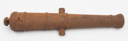 A 19th century cast iron signal cannon:, the 16 inch five stage barrel with flared muzzle,