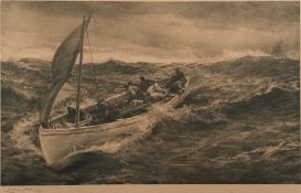 After Charles Napier Hemy (1841-1917):
a large monochome print of a boat on a swell,
