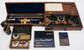 A 19th century mahogany cased brass lacquered spirit thermometer: together with two micrometers,