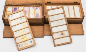 Two early 20th century pine cases of microscope slides:, mainly blank slides,