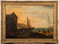 'Earle', Circle of Nicholas Condy [1793-1857]-
A coastal harbour scene, fishermen on a quay,