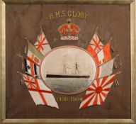 An Edwardian silk work commemorative for the Canopus class battleship HMS Glory:,