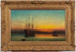 English School 19th century - 
Shipping in a calm at Sunset :-
oil on canvas
34 x 59cm.