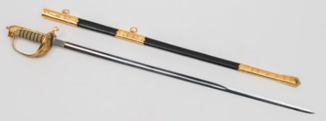An Elizabeth II Royal Naval dress sword:, the straight single edge fullured blade with foul anchor,