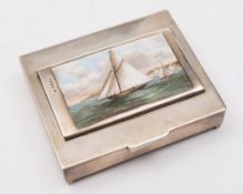 A Victorian silver and enamel panel of a yacht, Birmingham 1887, mounted on a Mexican silver box:,