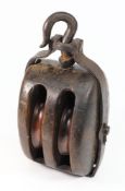 A War Department issue double block:, with iron band and hook,