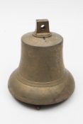 A brass ship's bell: of typical form, unnamed with iron clapper, 27cm high.