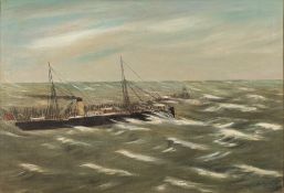 A J Jansen [20th Century]-
Steamer in a swell:-
signed bottom right
oil on canvas
38 x 57cm.