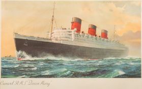After C E Turner and F Mason- RMS Queen Mary and RMS Mauritania, two coloured prints:.