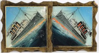 Two early 20th century reverse glass paintings of the Cunard liners RMS Lusitania and RMS