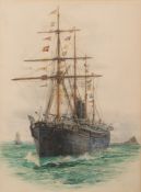 William Lionel Wyllie[1851-1931]-
SS Austral in a  bay:-
signed and inscribed
watercolour
32 x 23.