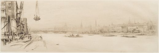 William Walcot [1874-1943]-
View of The Thames:-
etching, signed in pencil
sight size 13 x 33.5cm.